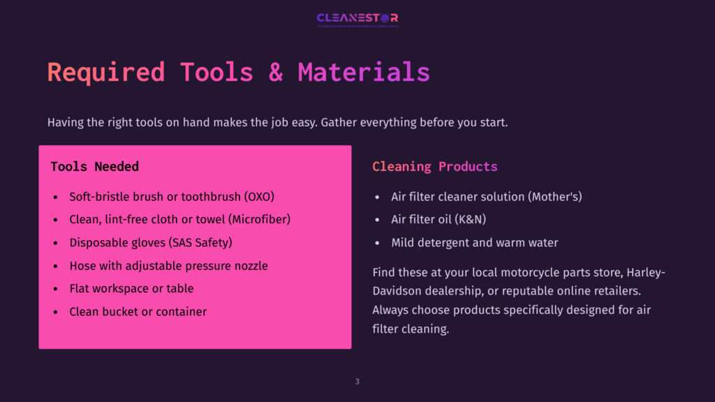 Checklist Of Tools And Materials For Cleaning An Air Filter: Includes Brushes, Cloths, And Cleaning Products With Purple And Black Text On A Pink Background.