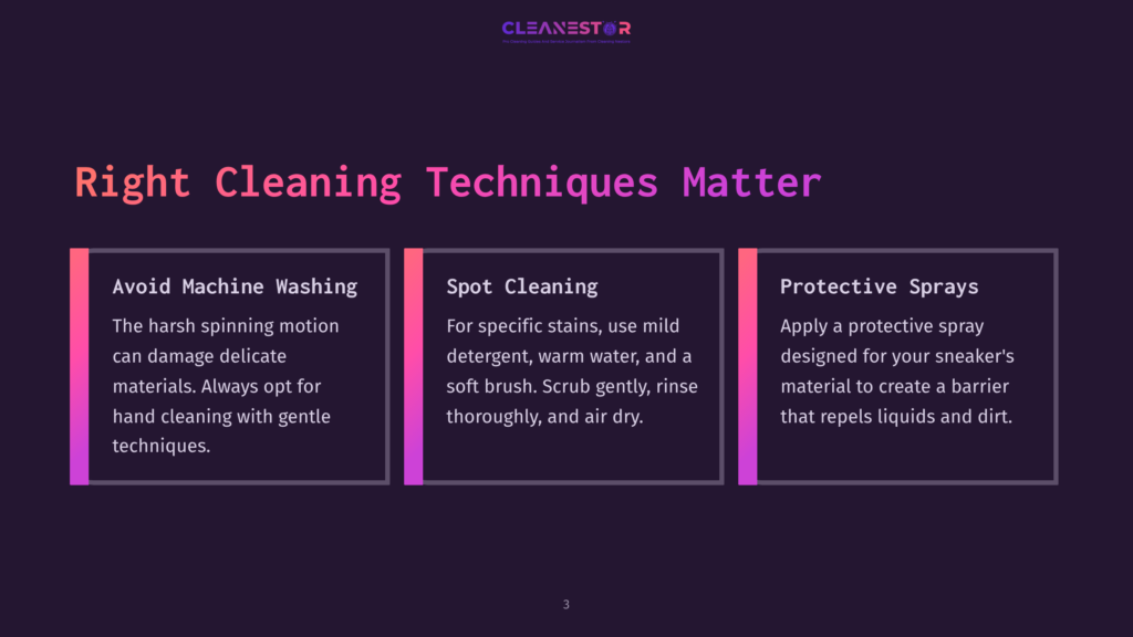 A Dark Background With A Purple Gradient Features Three Columns Detailing Sneaker Cleaning Techniques: &Quot;Avoid Machine Washing,&Quot; &Quot;Spot Cleaning,&Quot; And &Quot;Protective Sprays.&Quot; The Text Emphasizes Gentle Cleaning Methods.