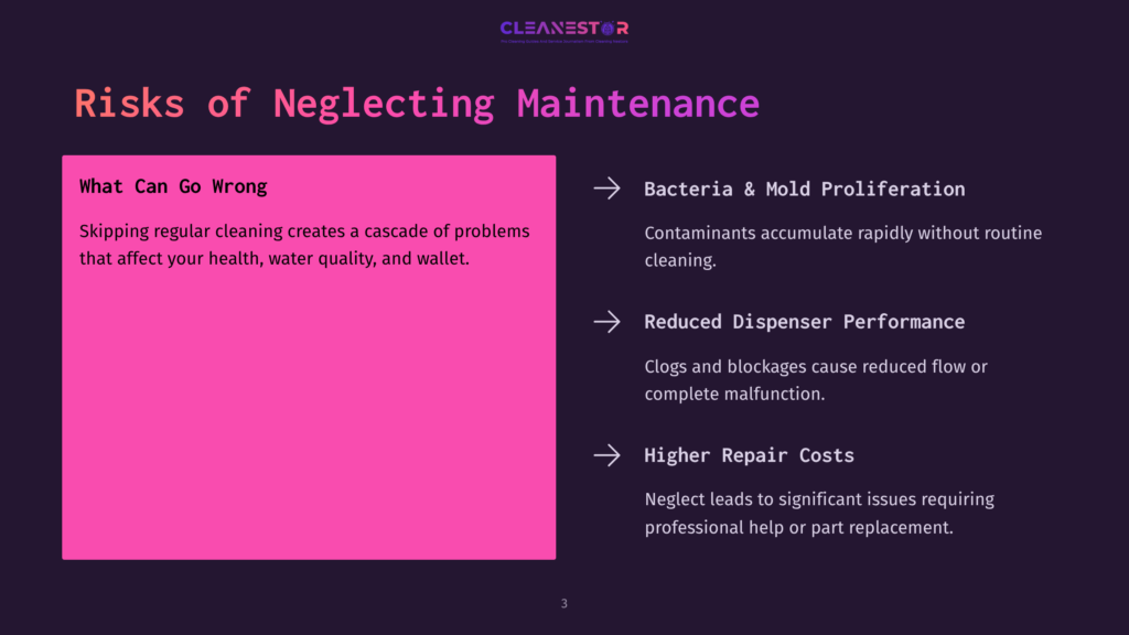 3 Risks Of Neglecting Maintenance 1 A Slide Titled &Quot;Risks Of Neglecting Maintenance&Quot; From Cleanestor, Detailing Potential Issues Such As Bacteria &Amp; Mold Proliferation, Reduced Dispenser Performance, And Higher Repair Costs Due To Skipping Regular Cleaning.