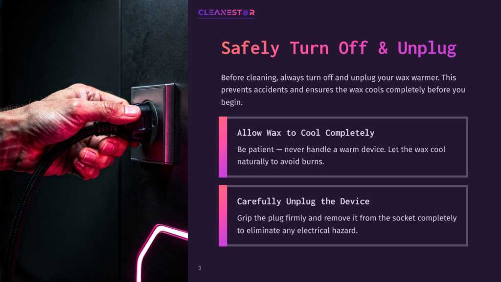 A Hand Plugs A Black Cord Into A Silver Electrical Socket On A Dark, Textured Wall, With A Neon Pink Glow In The Foreground. Text Reads: &Quot;Safely Turn Off &Amp; Unplug.