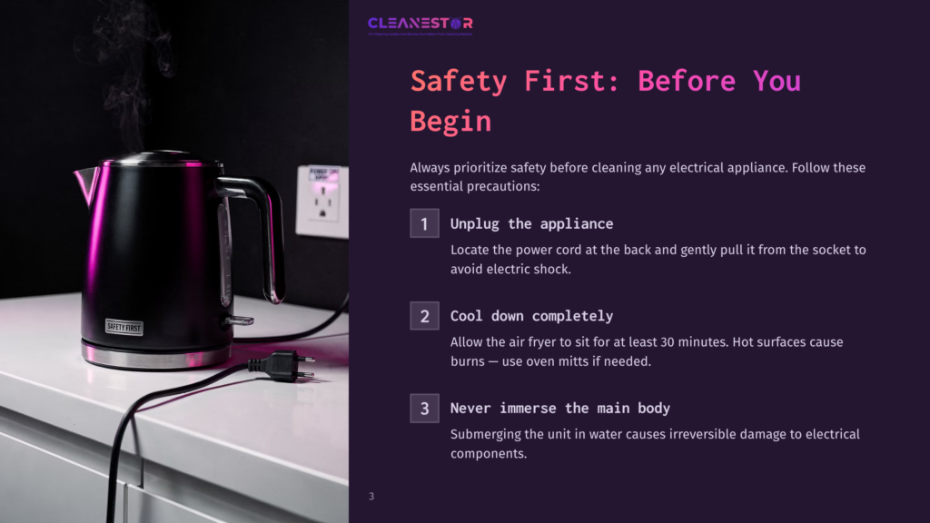 A Black Electric Kettle Steams On A White Countertop Next To An Electrical Outlet, With &Quot;Cleanestor Safety First: Before You Begin&Quot; Text Overlaying A Dark Purple Background.