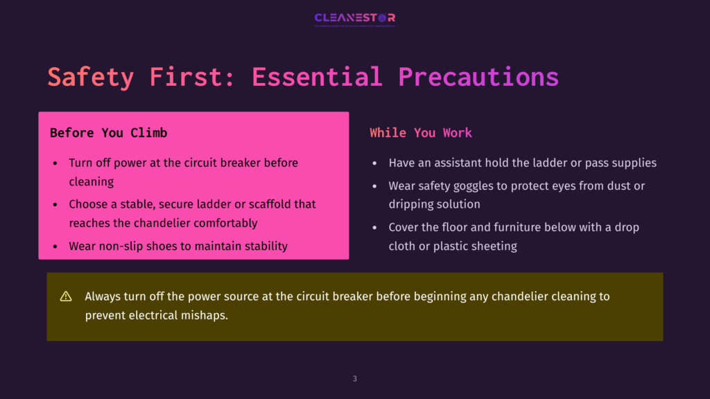 3 Safety First Essential Precautions Slide Titled &Quot;Safety First: Essential Precautions&Quot; For Chandelier Cleaning, With Sections &Quot;Before You Climb&Quot; And &Quot;While You Work,&Quot; Advising To Turn Off Power, Use A Stable Ladder, And Wear Safety Goggles.