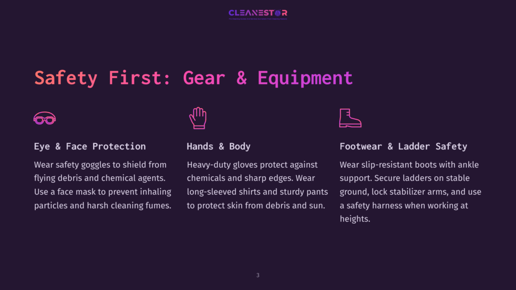 3 Safety First Gear And Equipment Safety First: Gear &Amp; Equipment Slide From A Presentation. Features Icons And Text For Eye &Amp; Face Protection, Hands &Amp; Body, And Footwear &Amp; Ladder Safety.