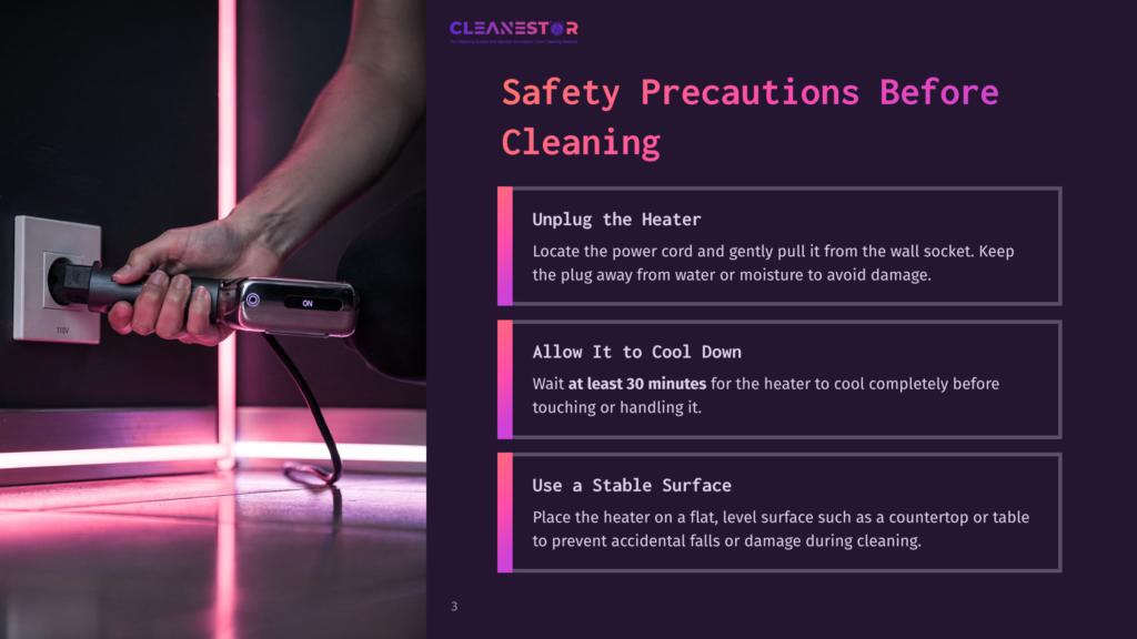 A Person Unplugging A Dyson Heater From A Wall Socket, With Safety Tips Displayed In Bold Text Alongside. Background Features Purple Hues.