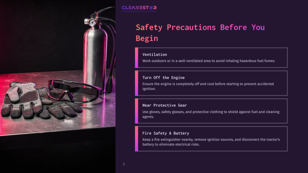 3 Safety Precautions Before You Begin 1 Safety Precautions Before You Begin: A Fire Extinguisher, Safety Glasses, And Work Gloves Are Displayed On A Metal Surface, With The Text &Quot;Cleanestor&Quot; And Safety Tips Like &Quot;Ventilation&Quot; And &Quot;Fire Safety &Amp; Battery&Quot; Visible.
