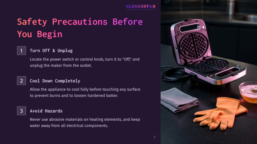 Waffle Cone Maker On A Table With A Purple Background, Featuring Safety Tips And A Pair Of Hands Wearing Gloves.