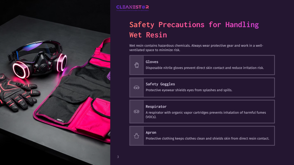 3 Safety Precautions For Handling Wet Resin Safety Gear For Handling Wet Resin: Neon-Lit Goggles, Gloves, Apron, And Respirator. Text Reads &Quot;Cleanestor&Quot; And &Quot;Safety Precautions For Handling Wet Resin.