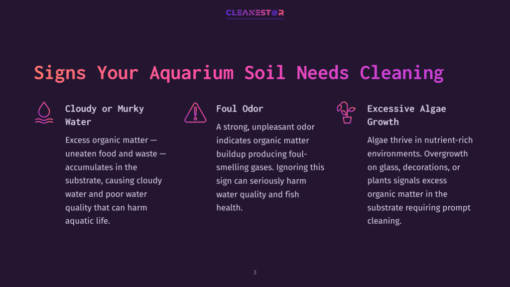 Text On A Dark Purple Background Lists Three Signs Indicating Aquarium Soil Needs Cleaning: Murky Appearance, Foul Odor, And Excessive Algae Growth.