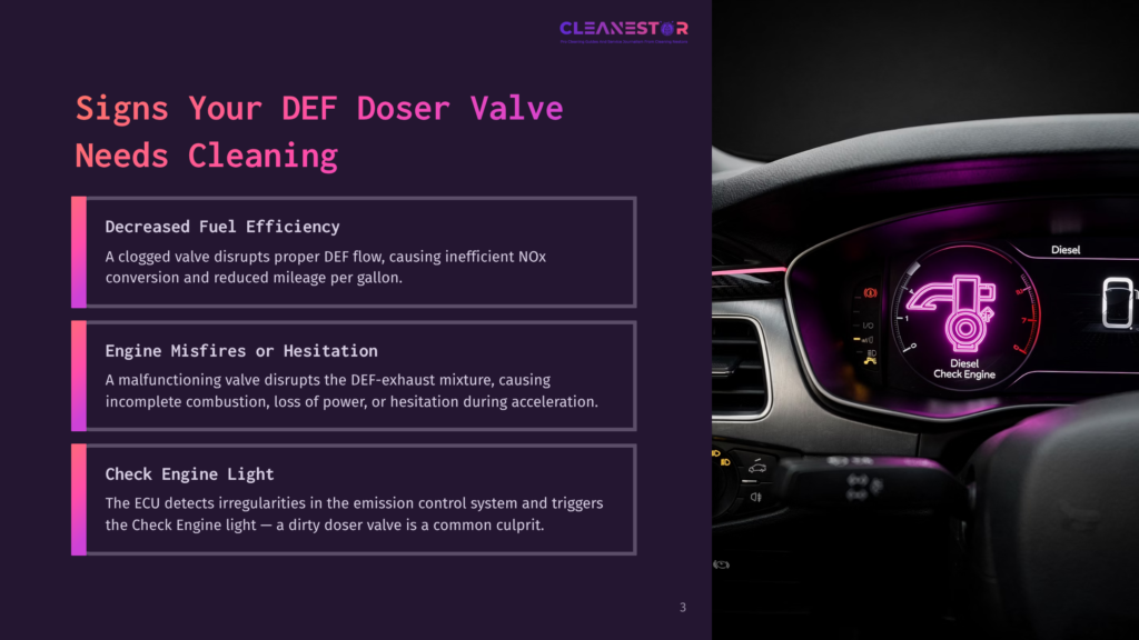 Close-Up Of A Modern Car Dashboard Displaying A &Quot;Diesel&Quot; Warning Light And Text About Def Doser Valve Issues, Including &Quot;Decreased Fuel Efficiency,&Quot; &Quot;Engine Misfires Or Hesitation,&Quot; And &Quot;Check Engine Light.