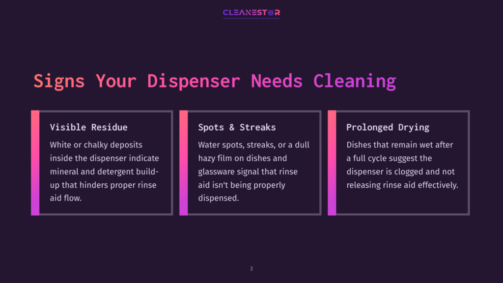 Three Visually Distinct Sections On A Dark Background, Each Highlighting Cleaning Signs With Icons And Text: Residue, Spots, And Prolonged Drying.