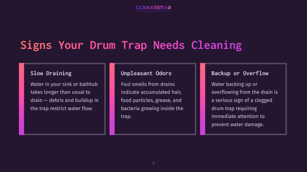 3 Signs Your Drum Trap Needs Cleaning Three Panels On A Dark Purple Background: One Shows A Clogged Drain, Another Highlights Unpleasant Odors, And The Last Discusses Backup Issues.