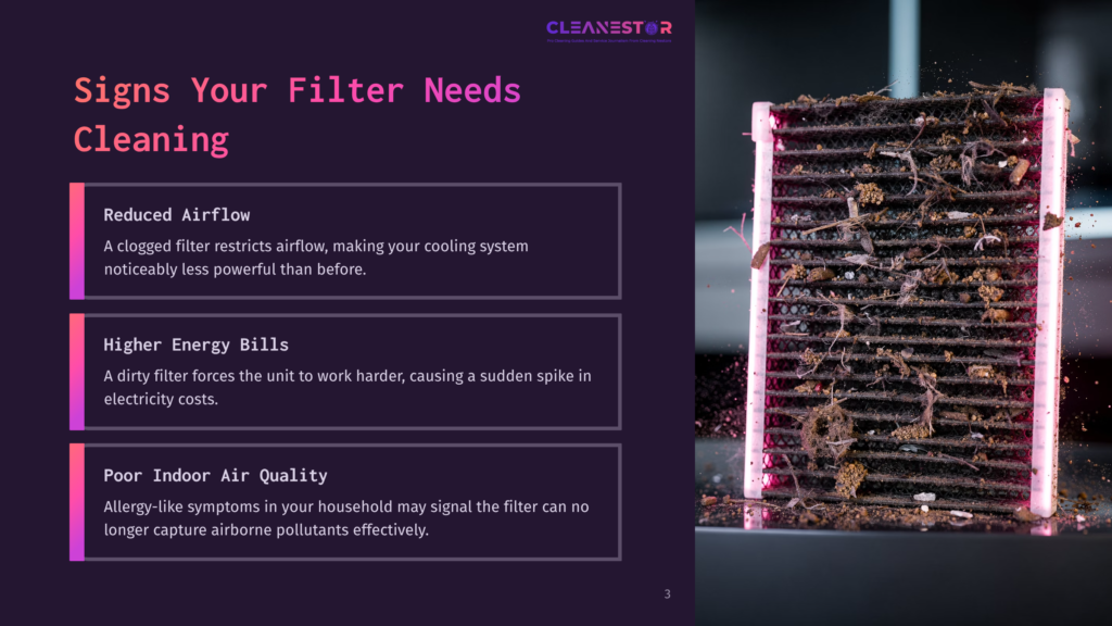 3 Signs Your Filter Needs Cleaning Close-Up Of A Very Dirty Hvac Air Filter, Clogged With Dust, Debris, And Pet Hair, Indicating A Need For Filter Cleaning.