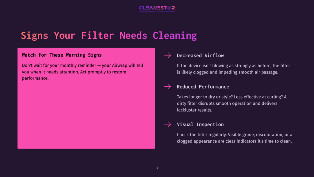 Cleanestor Slide Titled &Quot;Signs Your Filter Needs Cleaning&Quot; With Text About Decreased Airflow, Reduced Performance, And Visual Inspection.