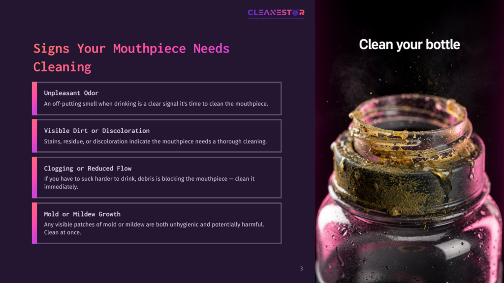 A Dirty Brita Water Bottle Mouthpiece With Visible Mold And Discoloration, Alongside Cleaning Tips In Contrasting Colors On The Left.