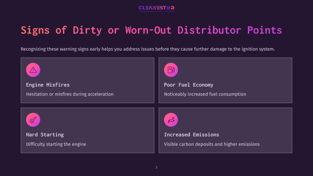 Four Square Sections With Purple Backgrounds Display Signs Of Worn Distributor Points: Engine Misfires, Poor Fuel Economy, Hard Starting, And Increased Emissions, Each With Brief Descriptions.