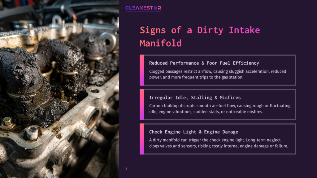 3 Signs Of A Dirty Intake Manifold Close-Up Of A Severely Dirty Intake Manifold With Thick, Black Carbon Buildup Clogging The Passages. Text Overlay Reads &Quot;Signs Of A Dirty Intake Manifold.