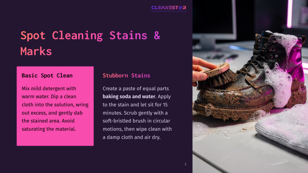 3 Spot Cleaning Stains And Marks Close-Up Of A Person'S Hands Cleaning A Muddy Brown Boot With A Brush And White Foam. The Boot Is Heavily Soiled, And The Cleaning Process Is Shown With Soap Suds And Water.
