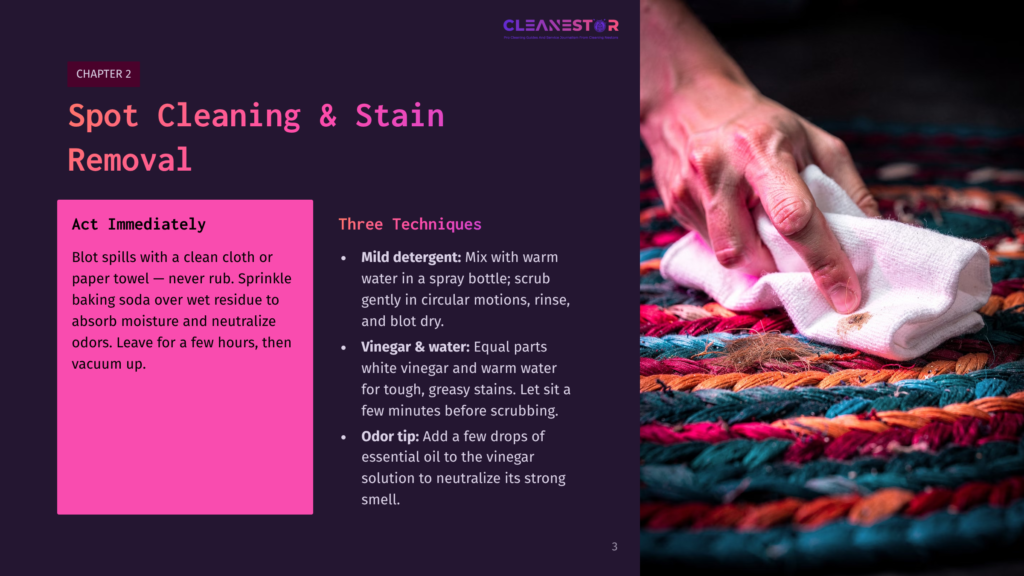 A Hand Holds A Cloth While Cleaning A Colorful Braided Rug, Demonstrating Spot Cleaning Techniques. Bright Hues Of Red, Blue, And Green Are Visible.