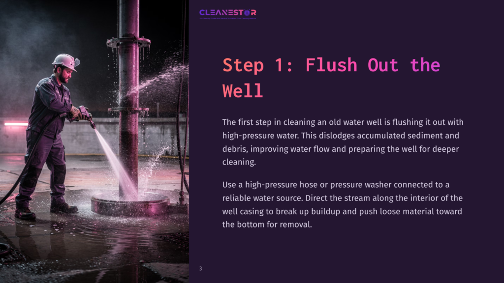 Worker In Hard Hat And Safety Vest Uses High-Pressure Water To Flush Out An Old Well Casing, Dislodging Sediment And Debris. Text Overlay: &Quot;Step 1: Flush Out The Well