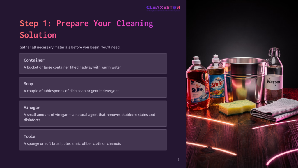Step 1: List Of Materials For Cleaning Vinyl Window Frames, Including A Container With Warm Water, Soap, Vinegar, And Cleaning Tools, On A Dark Background With Neon Accents.