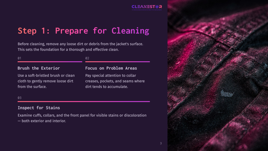 Step 1: Prepare For Cleaning. Close-Up Of Dark Denim Fabric With Visible Dirt And Wear, Indicating A Need For Cleaning.