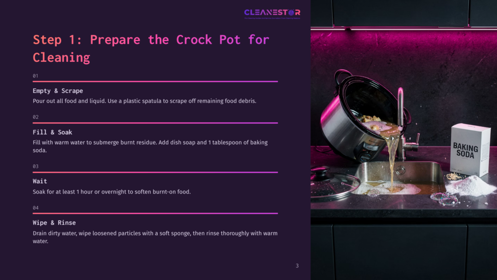 A Dark Kitchen Scene Featuring A Dirty Crock Pot, A Sponge, And Baking Soda. Step-By-Step Cleaning Instructions Are Visibly Outlined.