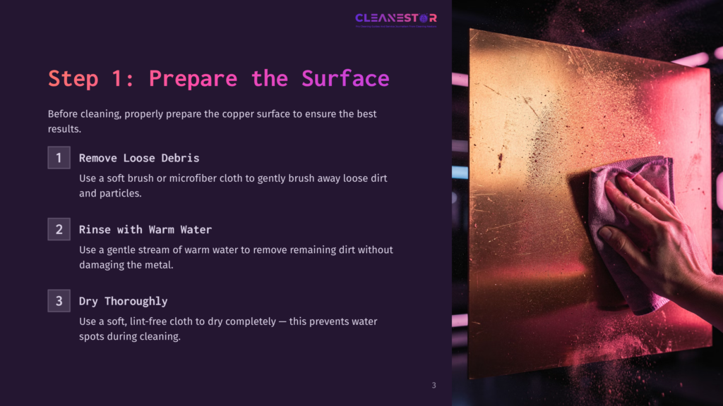 A Gloved Hand Wipes A Copper Sheet With A Cloth, Showcasing A Shiny, Reflective Surface And A Hint Of Dirt. Background Has A Gradient Of Purple To Pink.