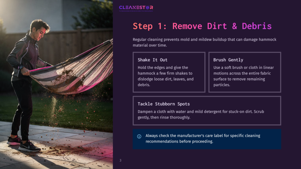 Man Shaking Dirt And Debris Out Of A Hammock Outdoors, With Text Overlay &Quot;Step 1: Remove Dirt &Amp; Debris&Quot;.
