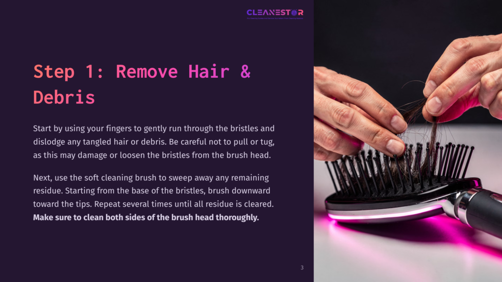 Hands Gently Remove Hair From A Hair Straightener Brush, With A Close-Up Of The Bristles And A Soft Cleaning Brush Nearby.