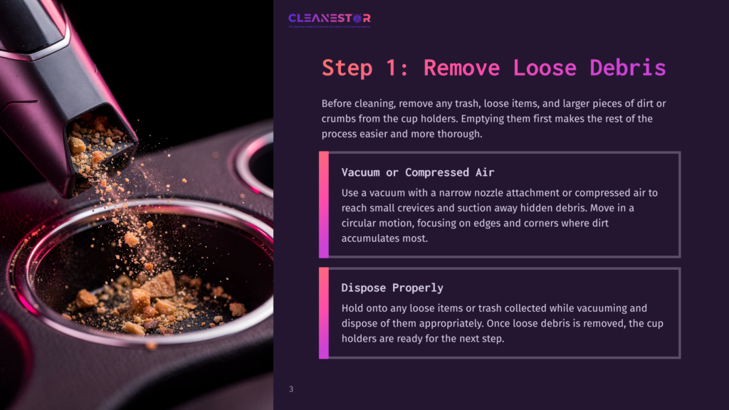 Close-Up Of A Car Cup Holder With Dirt And Debris Being Vacuumed Out, Featuring A Purple And Black Background With Instructional Text.