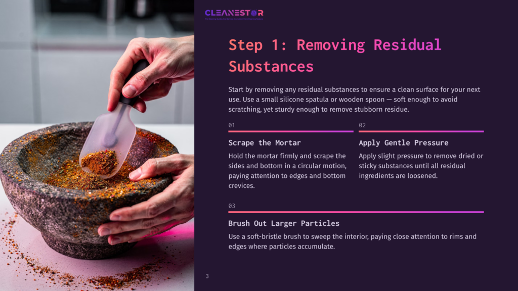 A Pestle And Mortar With Spices, Featuring A Spatula Being Used For Cleaning. Text Outlines Cleaning Steps Alongside Visuals.