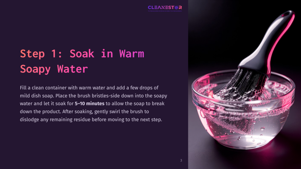 A Clear Bowl Filled With Soapy Water And Submerged Brush, With A Dark Background And Purple Accents On The Side.