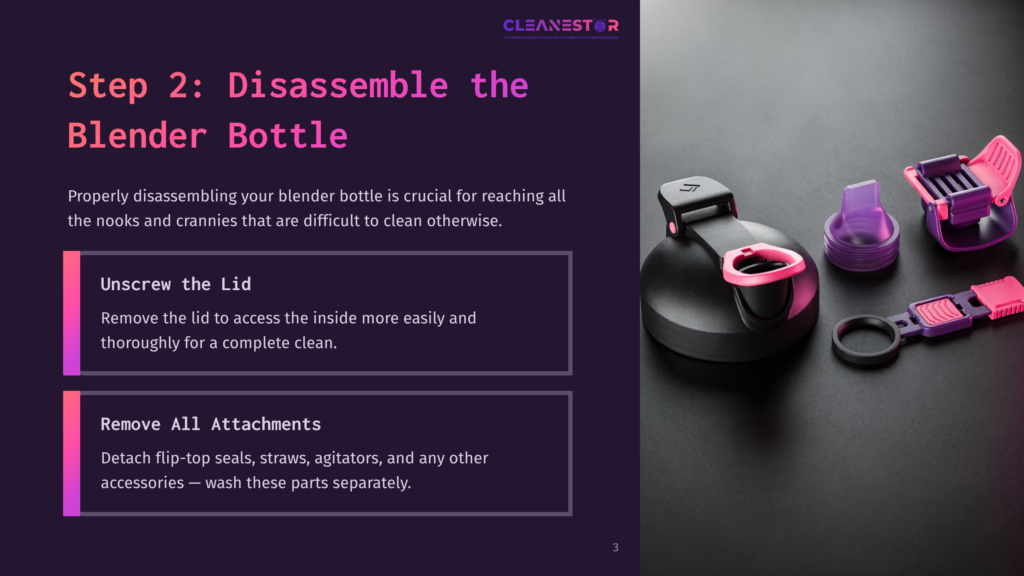 Disassembled Black Blender Bottle With Pink Accents; Instructions Highlight Unscrewing The Lid And Removing Attachments For Cleaning.
