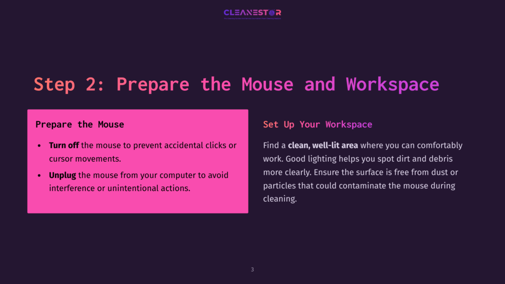 3 Step 2 Prepare The Mouse And Workspace Instructions On Preparing The Mouse And Workspace For Cleaning, With A Pink Heading, Clear Text, And A Purple Background.