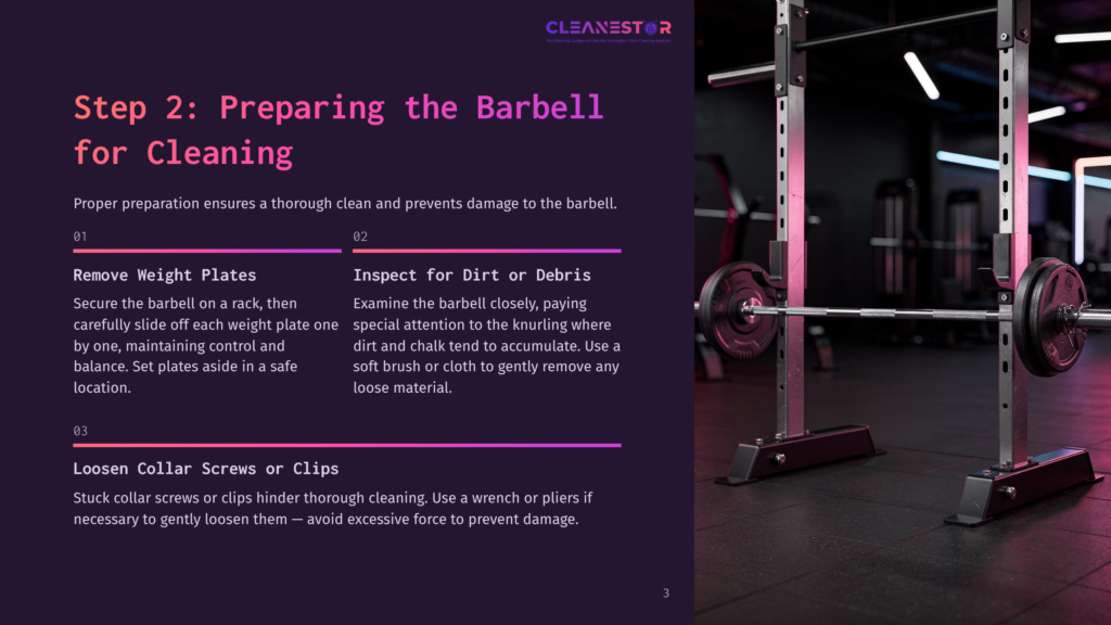Step 2: Preparing The Barbell For Cleaning. Text Details How To Remove Weight Plates, Inspect For Dirt, And Loosen Collar Screws Or Clips Before Cleaning A Barbell.