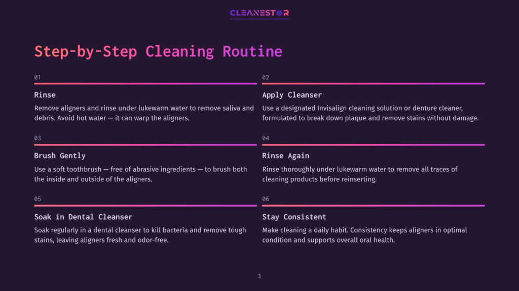 Instructional Graphic Detailing A Step-By-Step Cleaning Routine For Invisalign, Featuring Purple Accents And A Clear, Organized Layout.