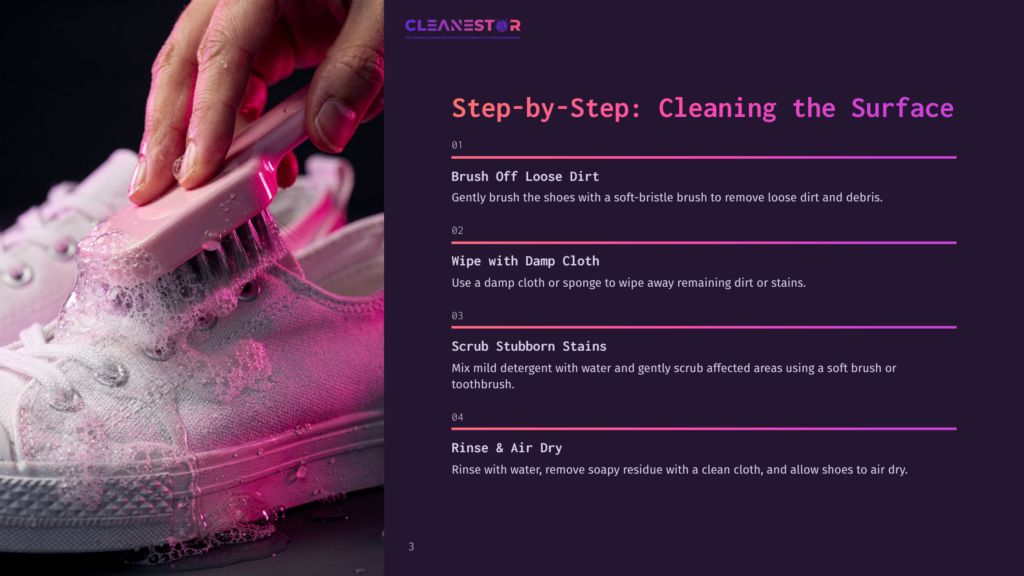 White Sneaker Being Cleaned With A Soft-Bristle Brush, Surrounded By Pink Light. Instructions On Cleaning Are Visible In Bold Text.
