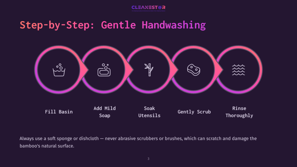 Five Step Icons: A Basin, Soap, Bamboo Utensil, Scrub, And Rinse, Each Within A Pink Circle Against A Dark Background.