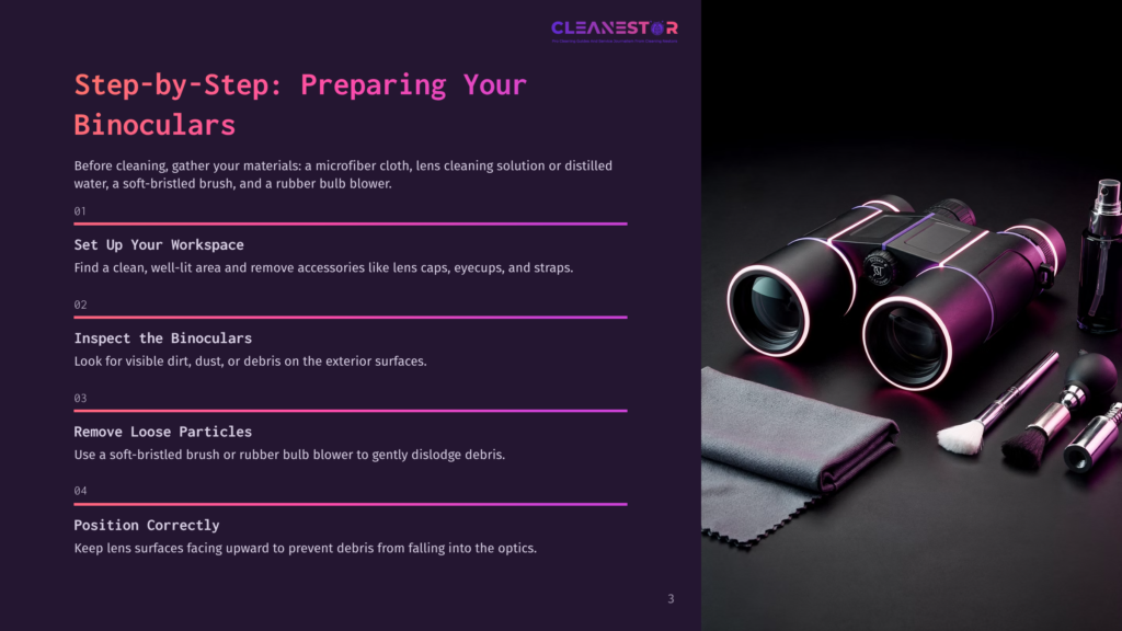 A Pair Of Binoculars With A Lens Cleaning Cloth And A Bulb Blower On A Dark Background, Showing Cleaning Tips.