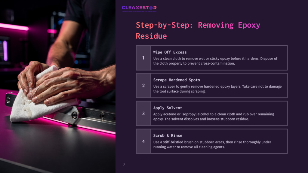 Step-By-Step Guide To Removing Epoxy Residue: Wipe Off Excess With A Cloth, Scrape Hardened Spots With A Scraper, Apply Solvent With A Cloth, And Scrub And Rinse With A Brush.