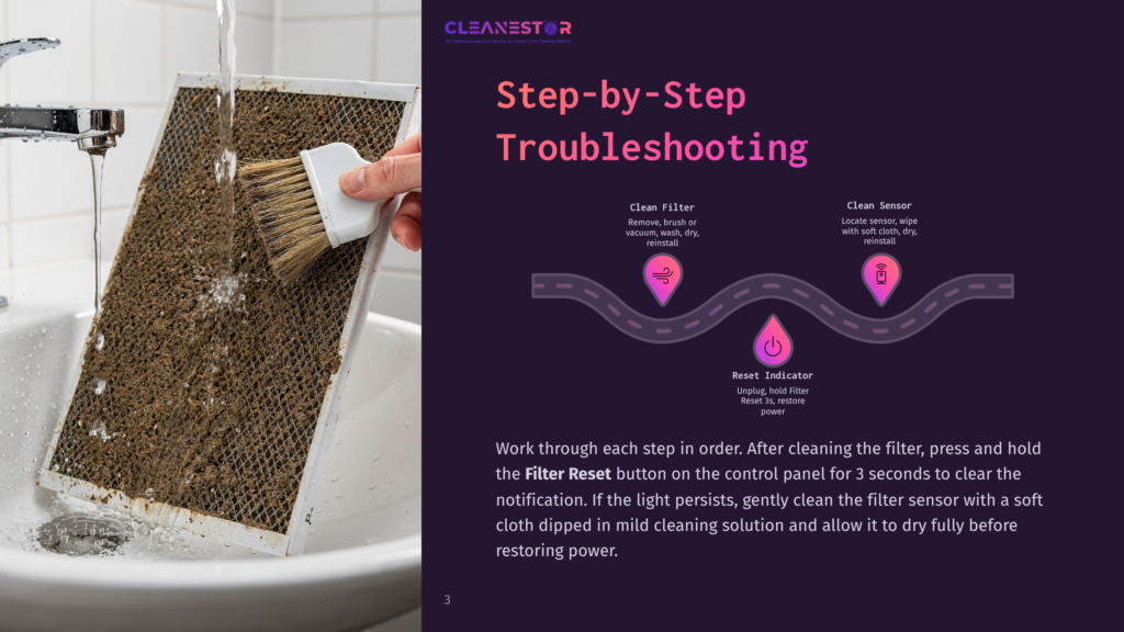 Step-By-Step Troubleshooting Guide For A Cleanestor Appliance, Showing Filter Cleaning And Sensor Cleaning With Accompanying Text And Illustrations.
