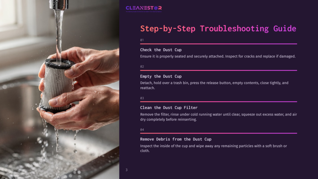 Hands Rinse A Dusty Vacuum Cleaner Filter Under A Stream Of Cold Running Water In A Sink, With The &Quot;Cleanestor Step-By-Step Troubleshooting Guide&Quot; Text Visible On The Right.