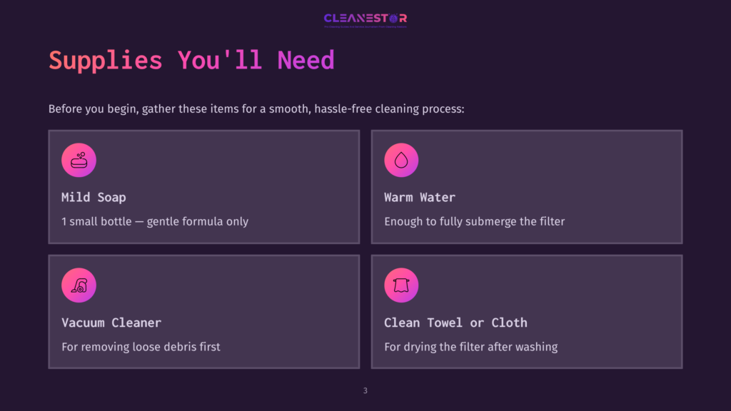 3 Supplies Youll Need 1 Supplies Layout In Purple Boxes, Listing Mild Soap, Warm Water, Vacuum Cleaner, And Towel For Cleaning A Dehumidifier Filter.