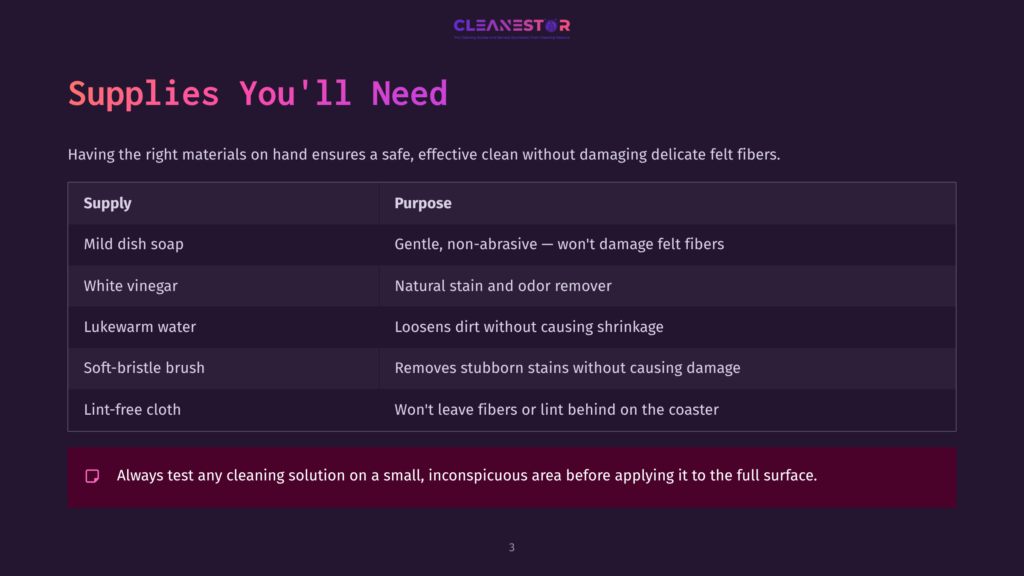 Supplies List For Cleaning Felt Coasters, Featuring Mild Dish Soap, Vinegar, Lukewarm Water, Lint-Free Cloth, With Purple Background.