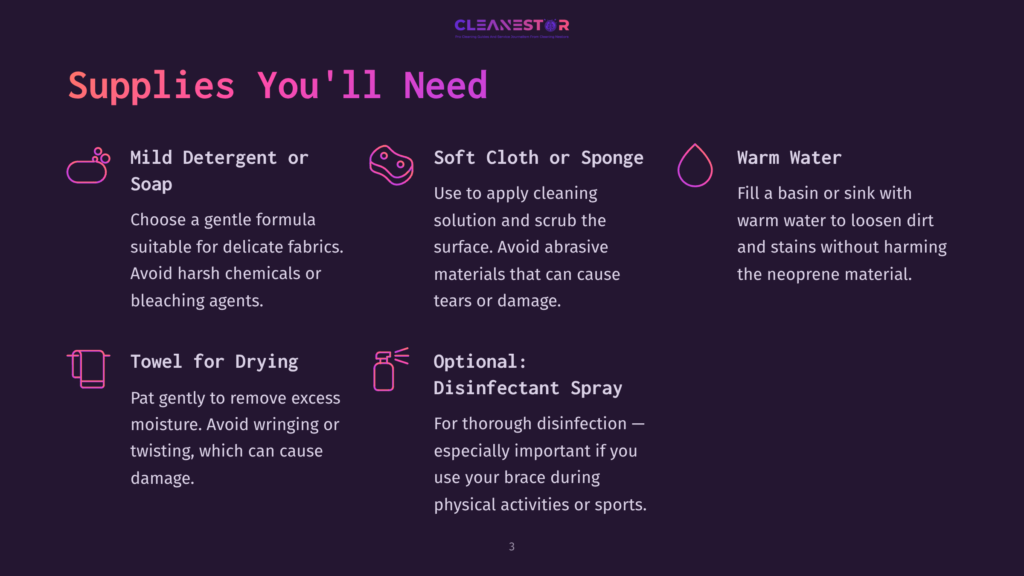 List Of Cleaning Supplies For A Neoprene Knee Brace, Featuring Bright Purple Text On A Dark Background With Icons For Each Item.
