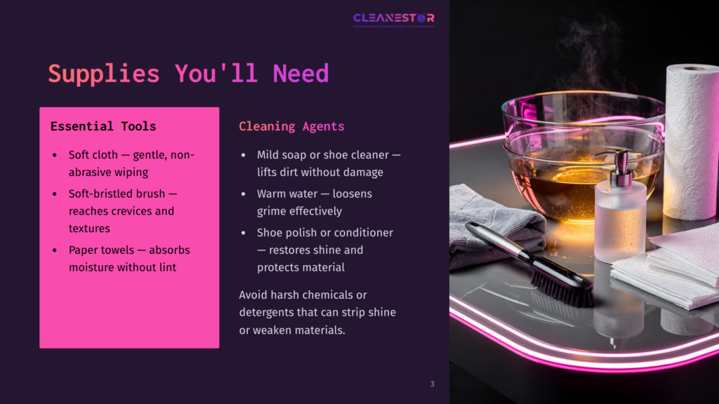 3 Supplies Youll Need 3 Cleanestor Cleaning Supplies: Soft Cloth, Soft-Bristled Brush, Paper Towels, Mild Soap, Warm Water, And Shoe Polish Are Displayed On A Neon-Lit Tray With A Roll Of Paper Towels In The Background.