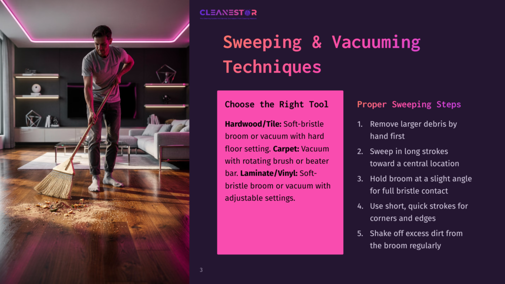 A Person Sweeping A Modern, Illuminated Room With Dark Wood Flooring, Using A Broom, While Highlighted Text Provides Cleaning Tips.