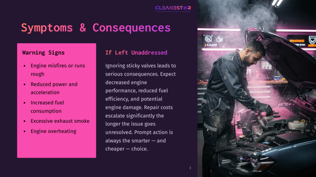 Mechanic In Blue Overalls Inspects A Steaming Car Engine, With &Quot;Cleanestor&Quot; Logo And &Quot;Warning Signs&Quot; Text About Engine Issues Visible.