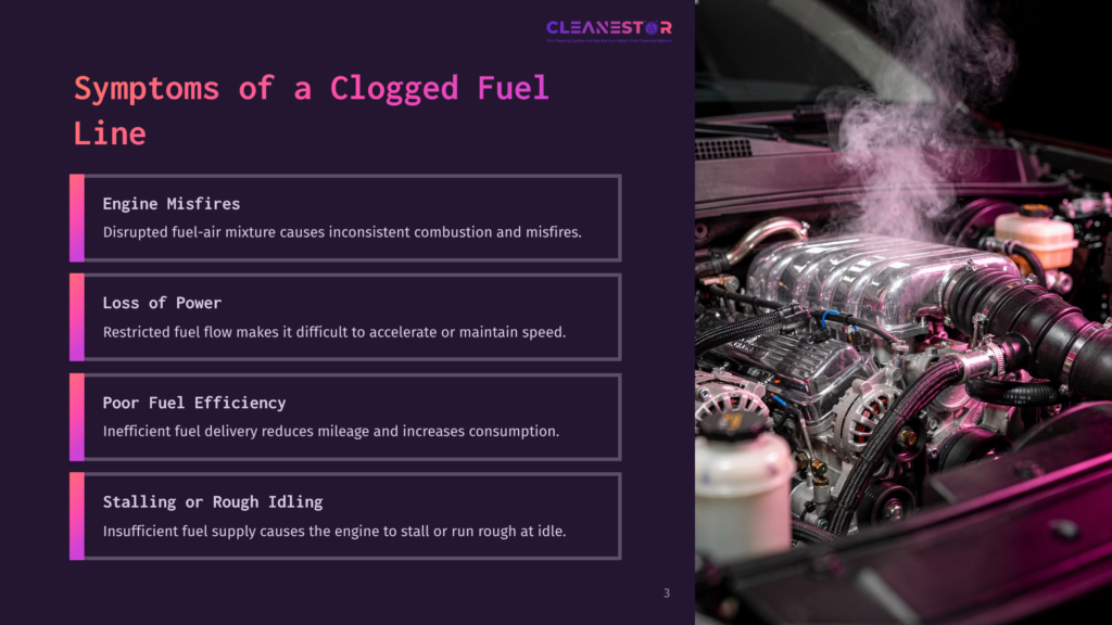 A Close-Up Of A Car Engine With Visible Pipes And Smoke, Accompanied By Text Highlights Symptoms Of Clogged Fuel Lines In Purple Sections.