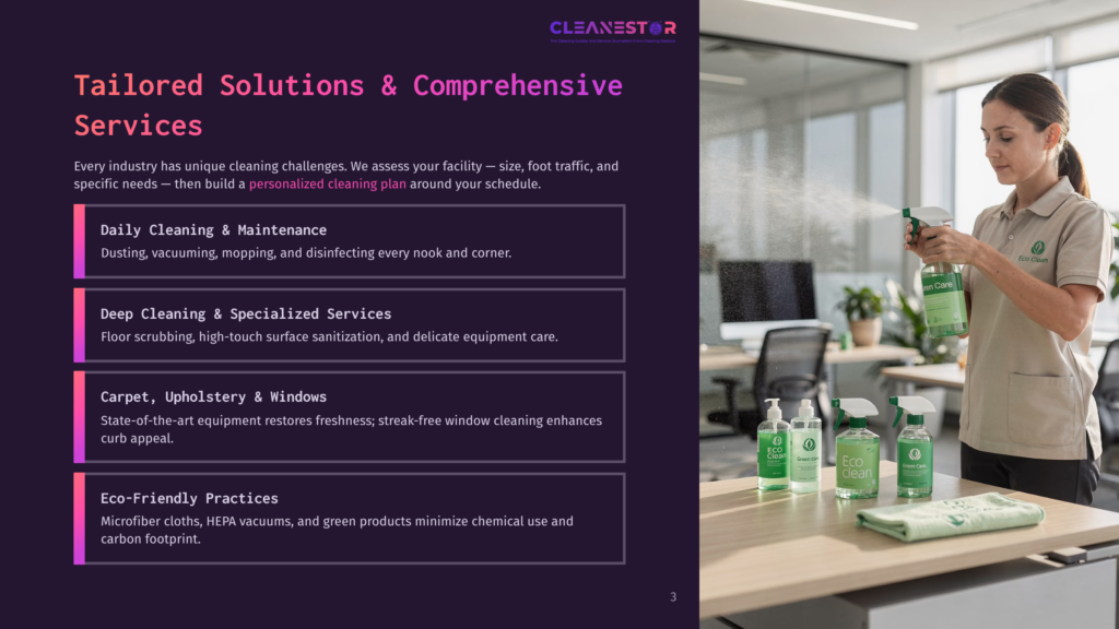 3 Tailored Solutions And Comprehensive Services A Woman In A Green Uniform Sprays A Cleaning Solution From A Bottle Labeled &Quot;Eco Clean&Quot; Onto A Microfiber Cloth In A Bright, Modern Office Setting With Desks And Chairs Visible In The Background.